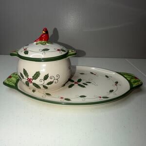 Temptations Figural Cardinal Holly Set of 2 Soup and Sandwich Serving Ware